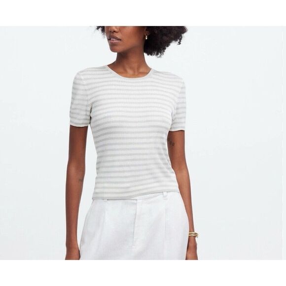 MADEWELL Sweater Tee Women Large Micro-Rib Knit NEW Stripe Stretch Viscose NQ336 - Picture 1 of 15